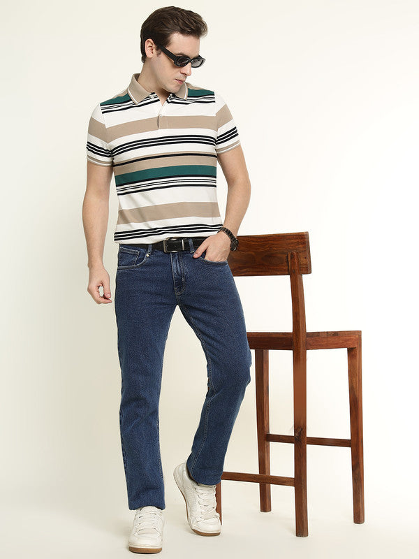 Hancock Men White-Green Striped Bio Finish Pure Cotton Stretch Polo Collar Pique T-shirt