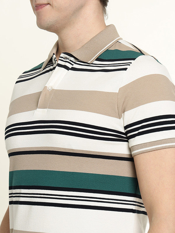 Hancock Men White-Green Striped Bio Finish Pure Cotton Stretch Polo Collar Pique T-shirt