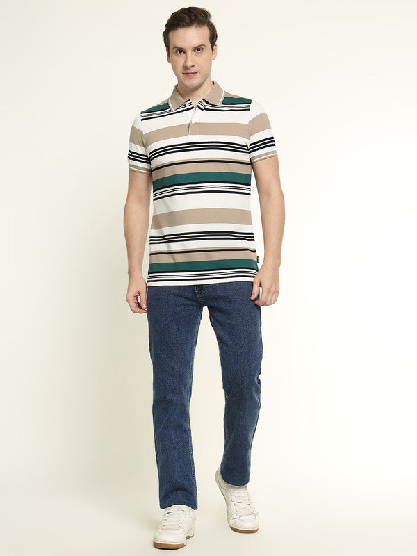 Hancock Men White-Green Striped Bio Finish Pure Cotton Stretch Polo Collar Pique T-shirt