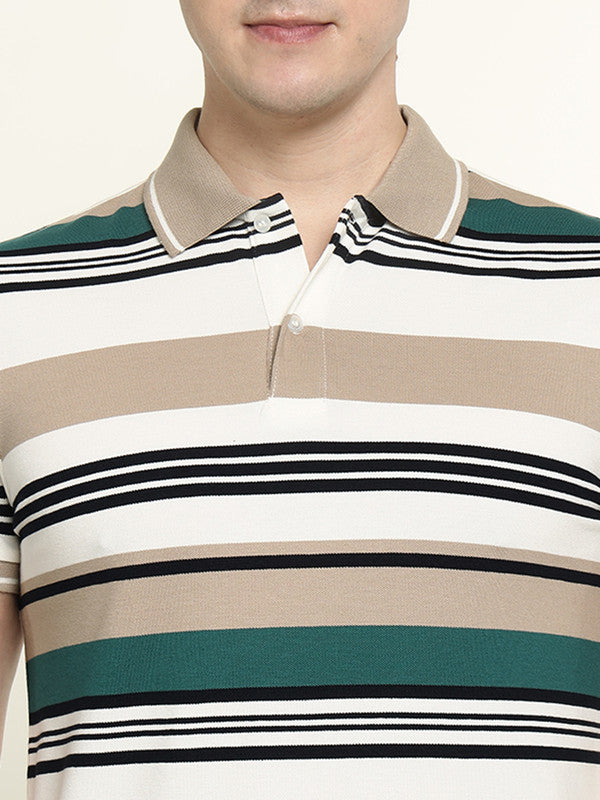 Hancock Men White-Green Striped Bio Finish Pure Cotton Stretch Polo Collar Pique T-shirt