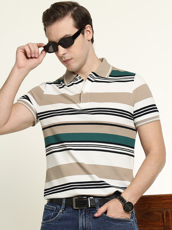 Hancock Men White-Green Striped Bio Finish Pure Cotton Stretch Polo Collar Pique T-shirt