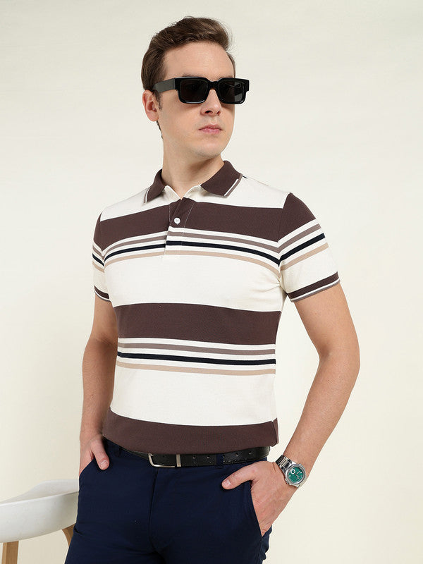 Men White & Brown Striped Polo Collar Pure Cotton Stretch Pique Bio Finish Slim Fit T-shirt