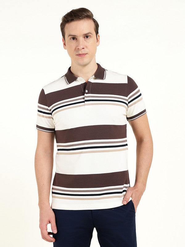 Men White & Brown Striped Polo Collar Pure Cotton Stretch Pique Bio Finish Slim Fit T-shirt