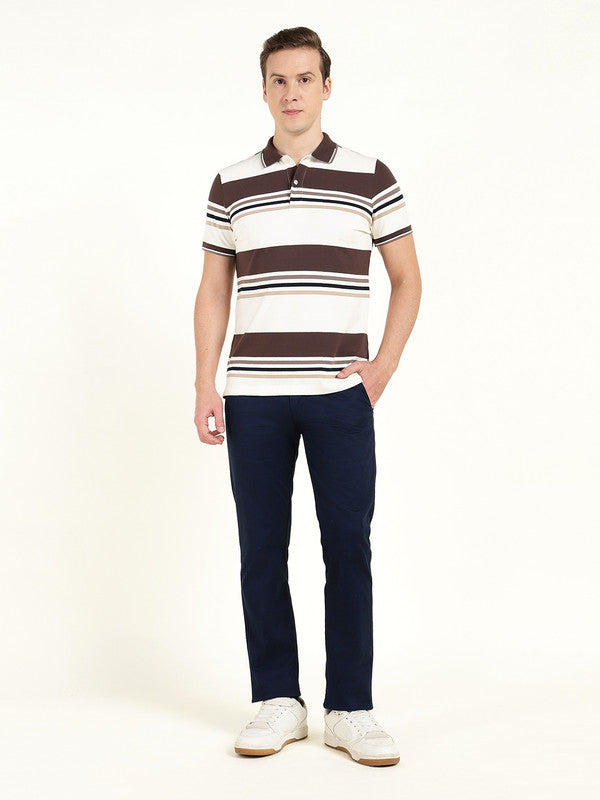 Men White & Brown Striped Polo Collar Pure Cotton Stretch Pique Bio Finish Slim Fit T-shirt