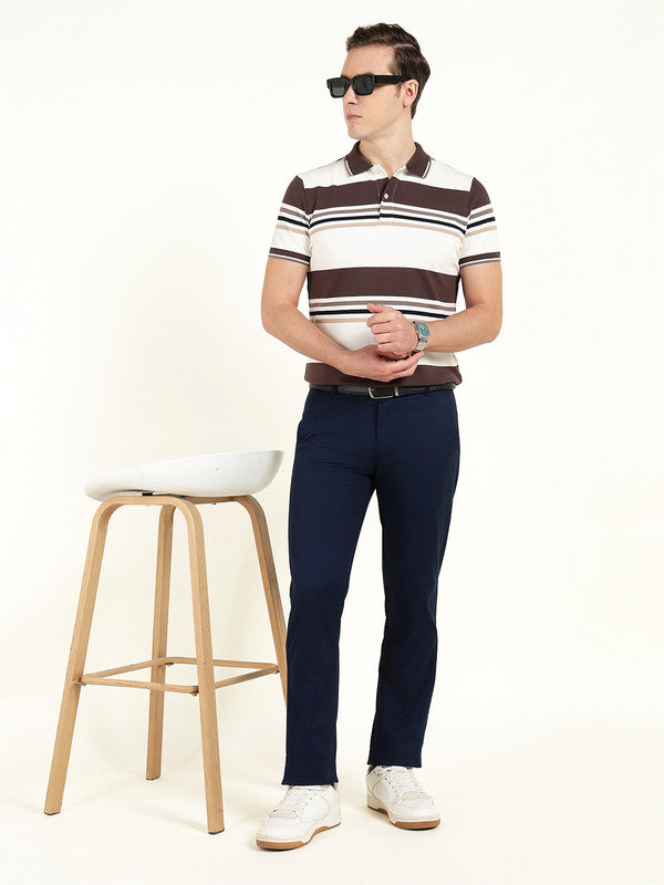 Men White & Brown Striped Polo Collar Pure Cotton Stretch Pique Bio Finish Slim Fit T-shirt