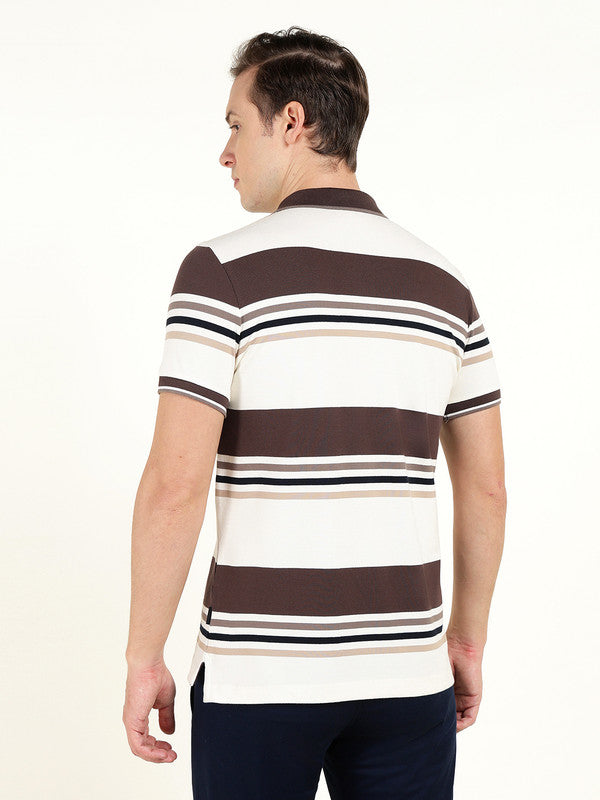 Men White & Brown Striped Polo Collar Pure Cotton Stretch Pique Bio Finish Slim Fit T-shirt