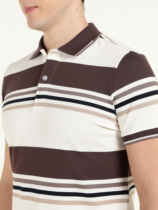 Men White & Brown Striped Polo Collar Pure Cotton Stretch Pique Bio Finish Slim Fit T-shirt
