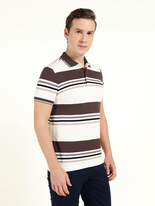 Men White & Brown Striped Polo Collar Pure Cotton Stretch Pique Bio Finish Slim Fit T-shirt