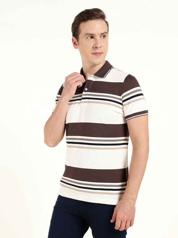 Men White & Brown Striped Polo Collar Pure Cotton Stretch Pique Bio Finish Slim Fit T-shirt