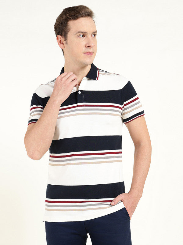 Hancock Men White & Navy Blue Striped Polo Collar Pure Cotton Stretch Pique Bio Finish Slim Fit T-shirt