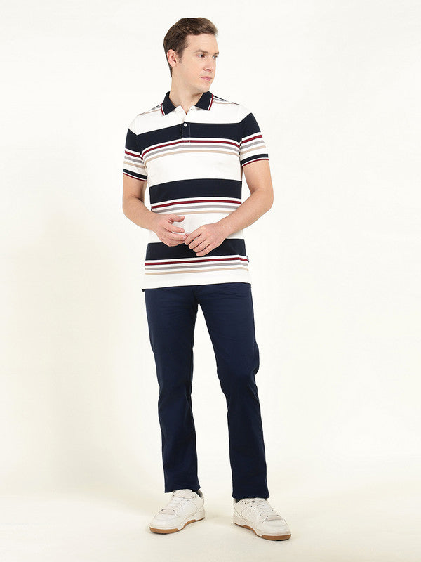 Hancock Men White & Navy Blue Striped Polo Collar Pure Cotton Stretch Pique Bio Finish Slim Fit T-shirt