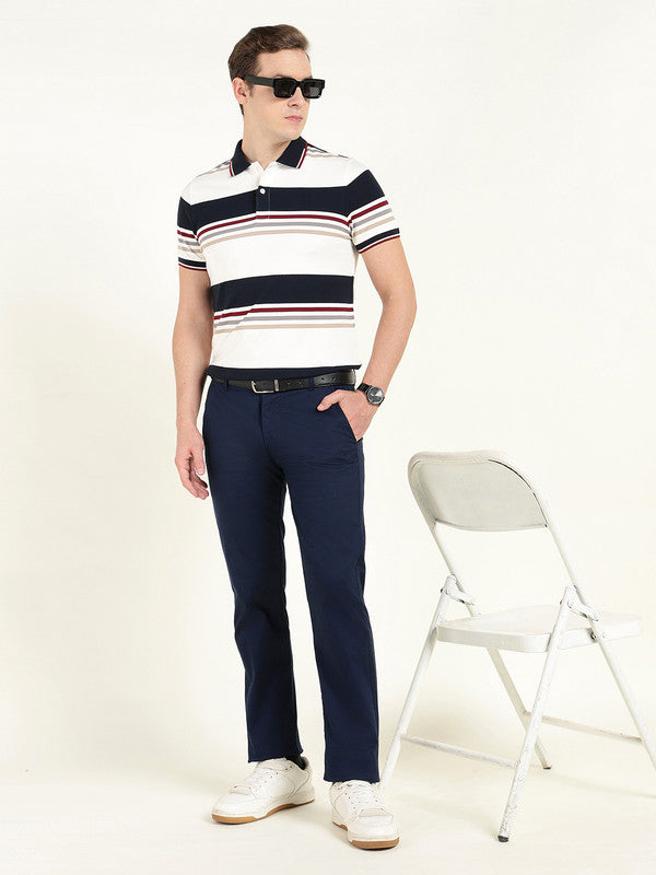 Hancock Men White & Navy Blue Striped Polo Collar Pure Cotton Stretch Pique Bio Finish Slim Fit T-shirt