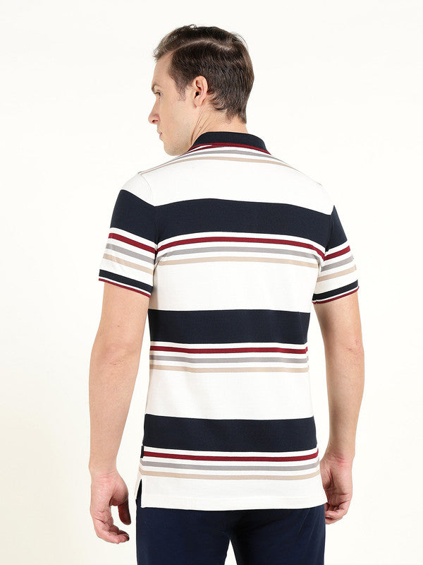 Hancock Men White & Navy Blue Striped Polo Collar Pure Cotton Stretch Pique Bio Finish Slim Fit T-shirt