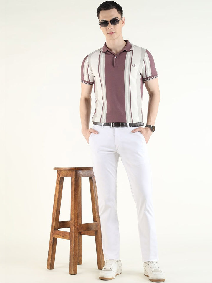 Hancock Men White & Mauve Striped Pure Cotton Slim Fit Casual TShirt