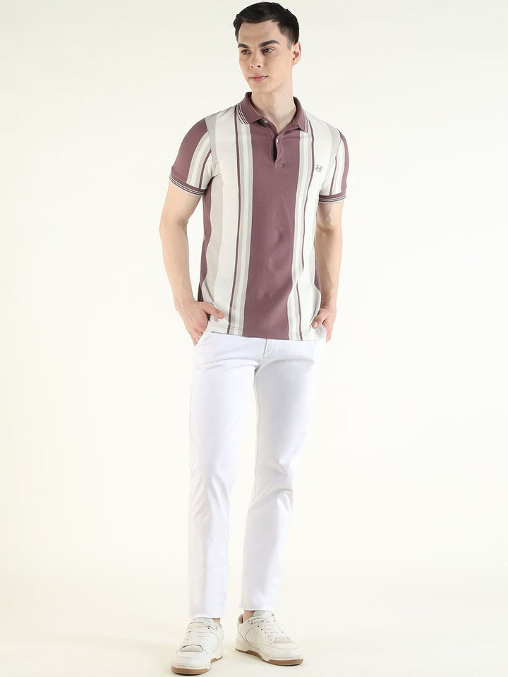 Hancock Men White & Mauve Striped Pure Cotton Slim Fit Casual TShirt