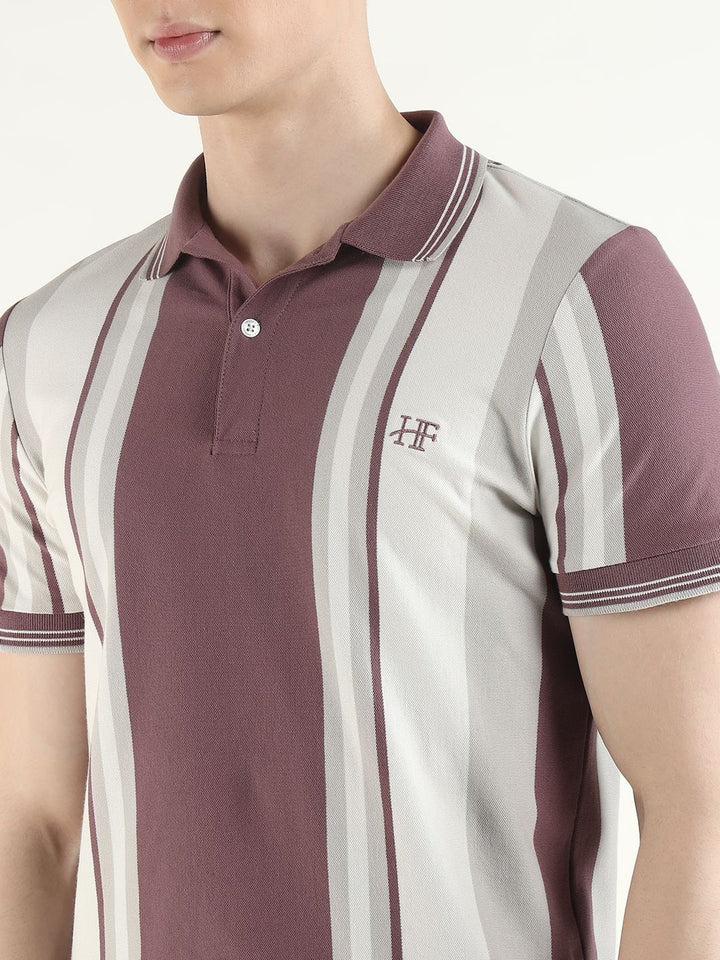 Hancock Men White & Mauve Striped Pure Cotton Slim Fit Casual TShirt