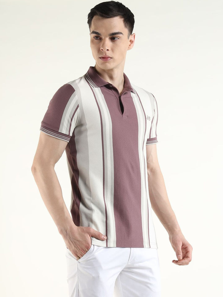 Hancock Men White & Mauve Striped Pure Cotton Slim Fit Casual TShirt