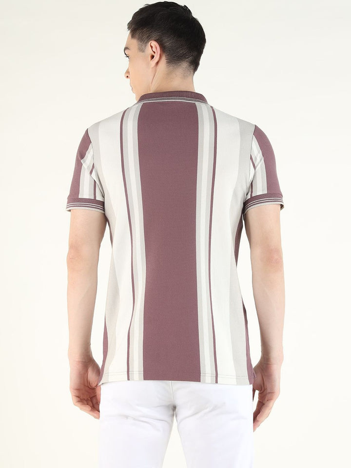 Hancock Men White & Mauve Striped Pure Cotton Slim Fit Casual TShirt
