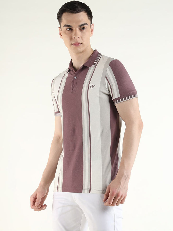 Hancock Men White & Mauve Striped Pure Cotton Slim Fit Casual TShirt