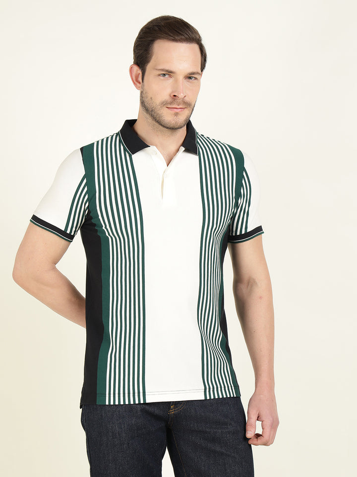 Hancock Men White & Green Vertical Striped Polo Collar Pure Cotton Stretch Slim Fit T-shirt