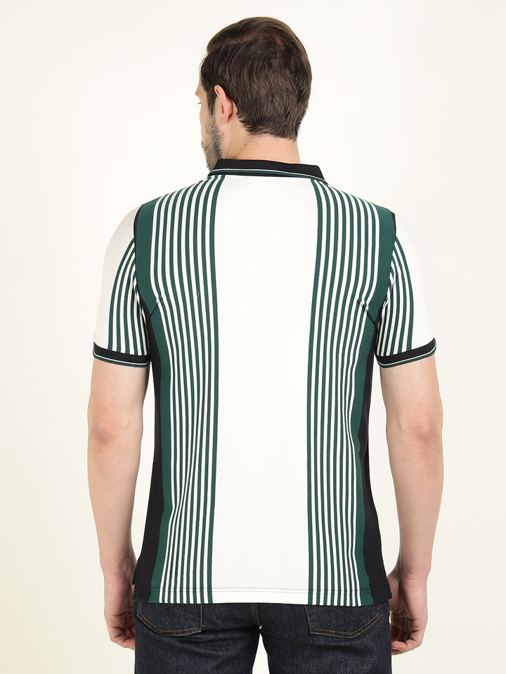 Hancock Men White & Green Vertical Striped Polo Collar Pure Cotton Stretch Slim Fit T-shirt