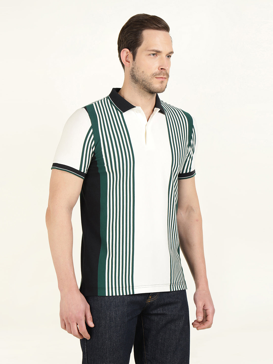Hancock Men White & Green Vertical Striped Polo Collar Pure Cotton Stretch Slim Fit T-shirt