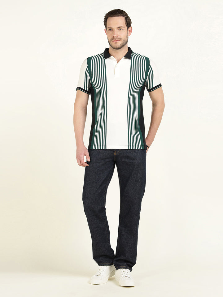 Hancock Men White & Green Vertical Striped Polo Collar Pure Cotton Stretch Slim Fit T-shirt