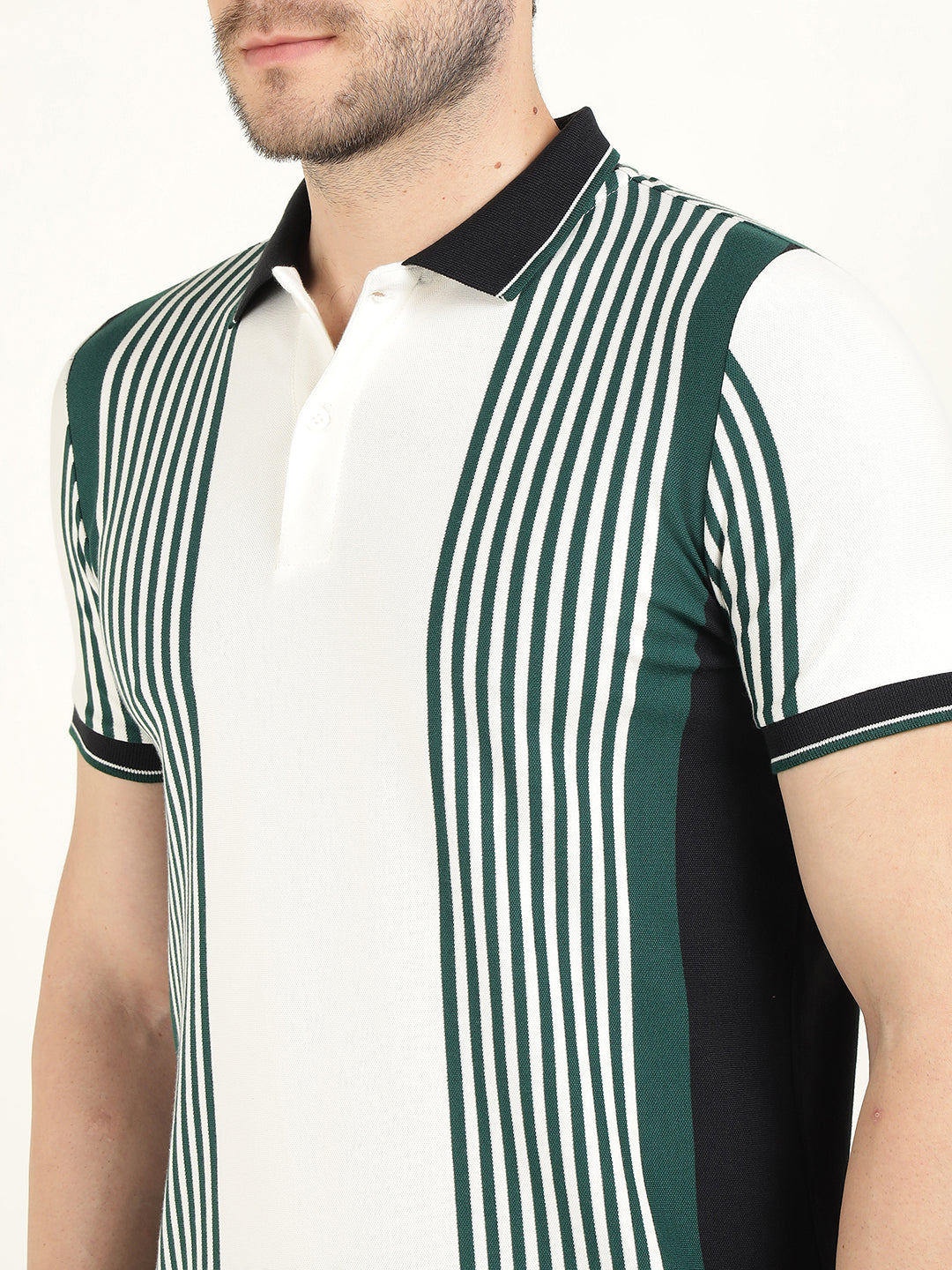 Hancock Men White & Green Vertical Striped Polo Collar Pure Cotton Stretch Slim Fit T-shirt