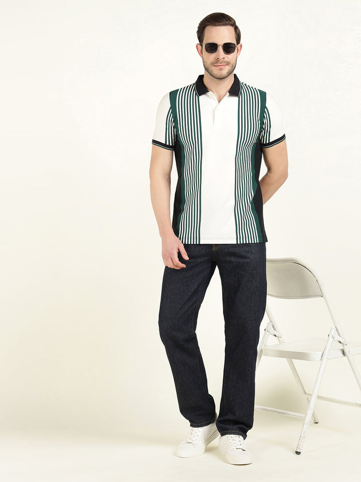 Hancock Men White & Green Vertical Striped Polo Collar Pure Cotton Stretch Slim Fit T-shirt