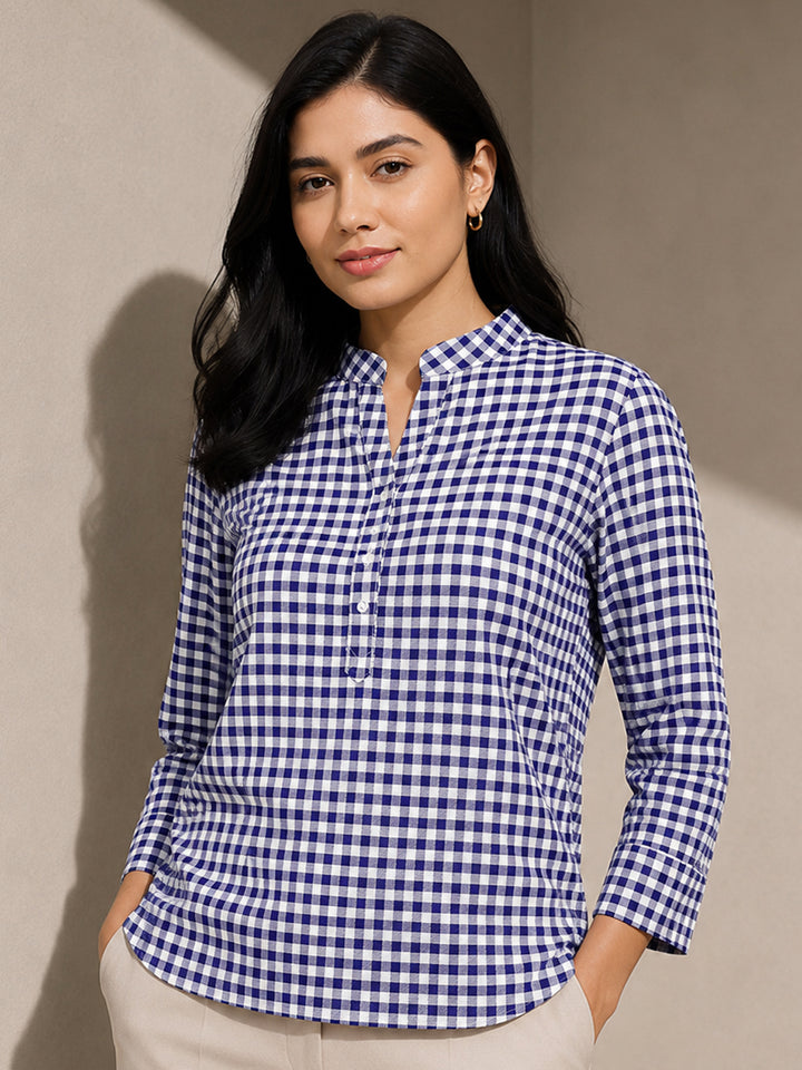 Women Blue & White Gingham Checked Pure Cotton Regular Fit Formal Top