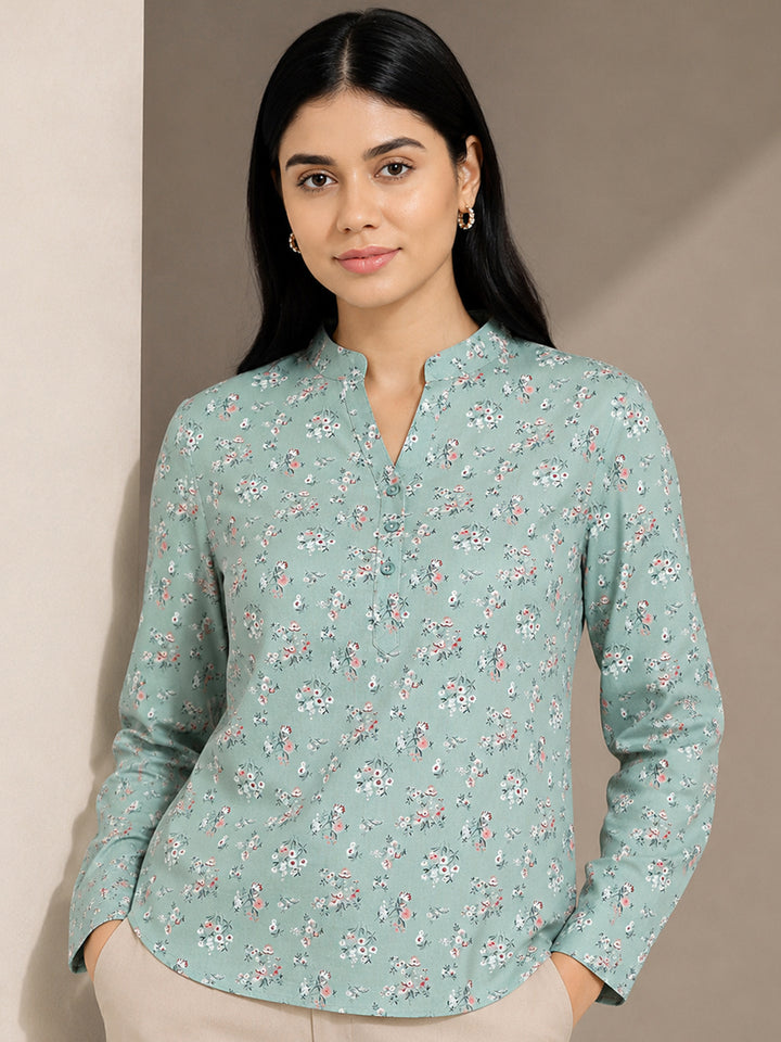 Women Green Floral Printed Pure Cotton Cambric High Low  Formal Top