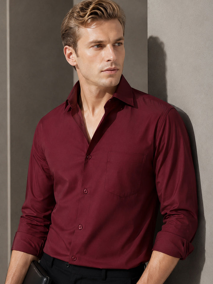 Men Wine Solid Pure Cotton Slim Fit Formal Shirt