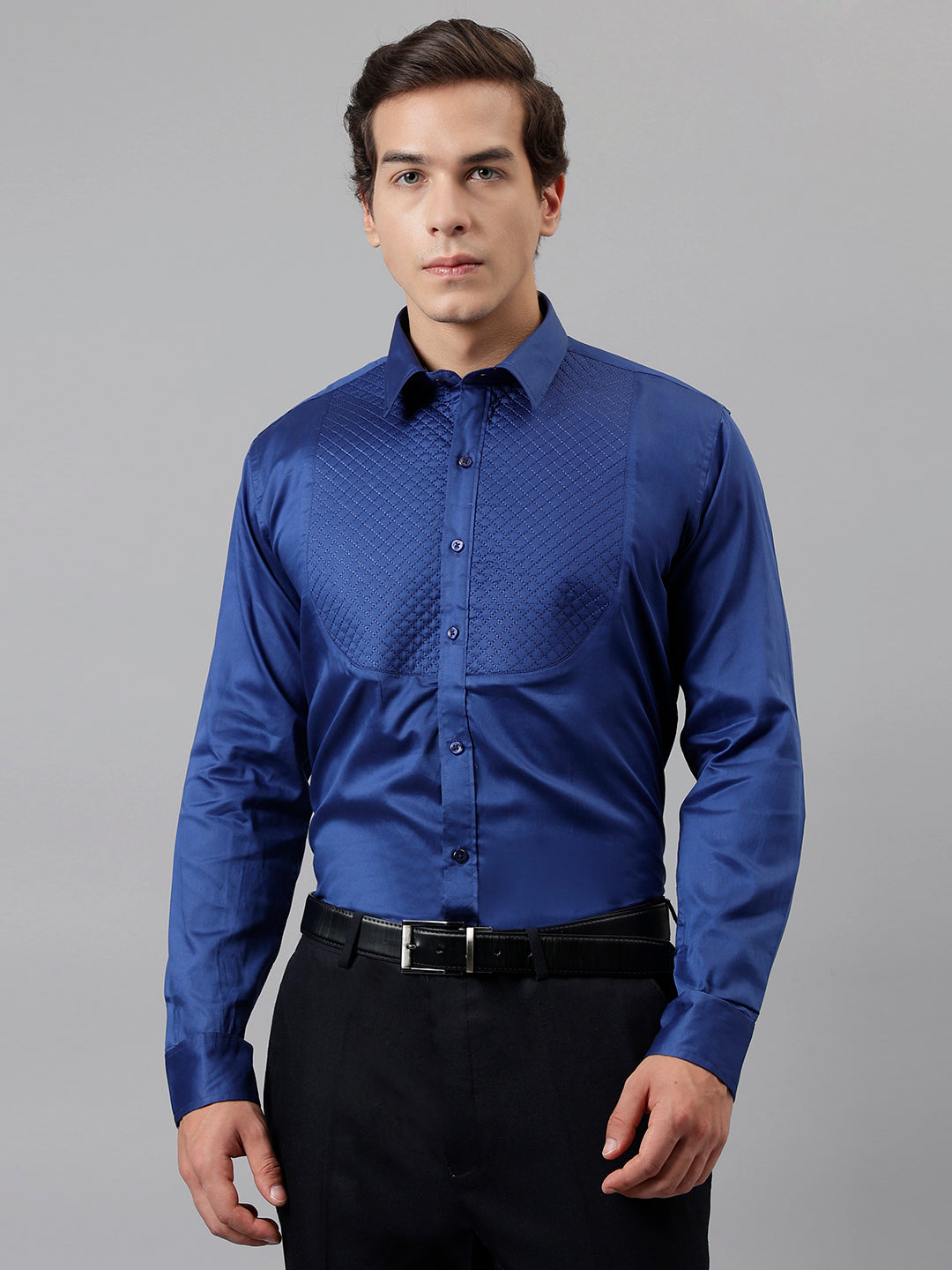 Hancock Men Navy Solid Pure Cotton Slim Fit Party Shirt