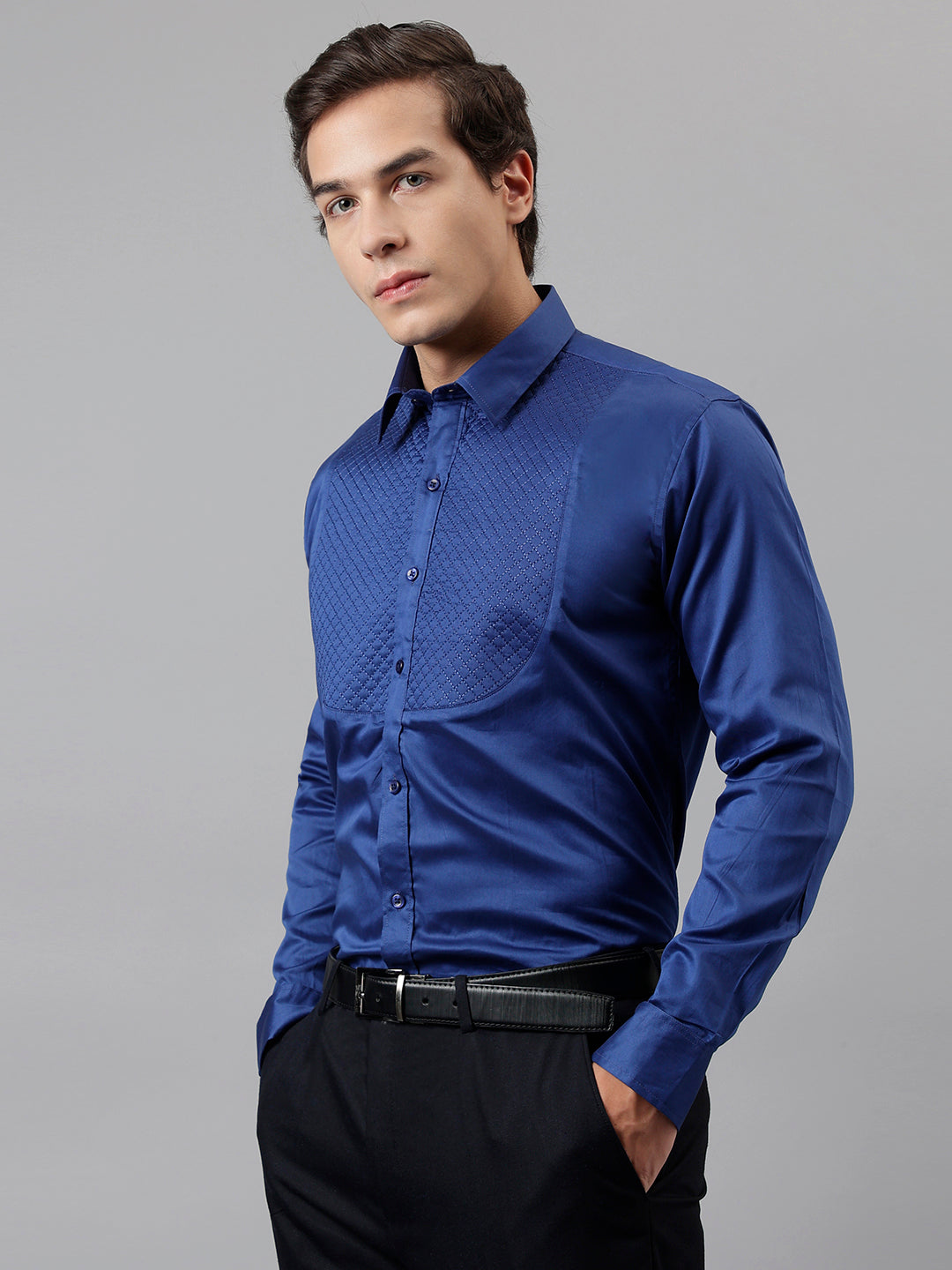 Hancock Men Navy Solid Pure Cotton Slim Fit Party Shirt