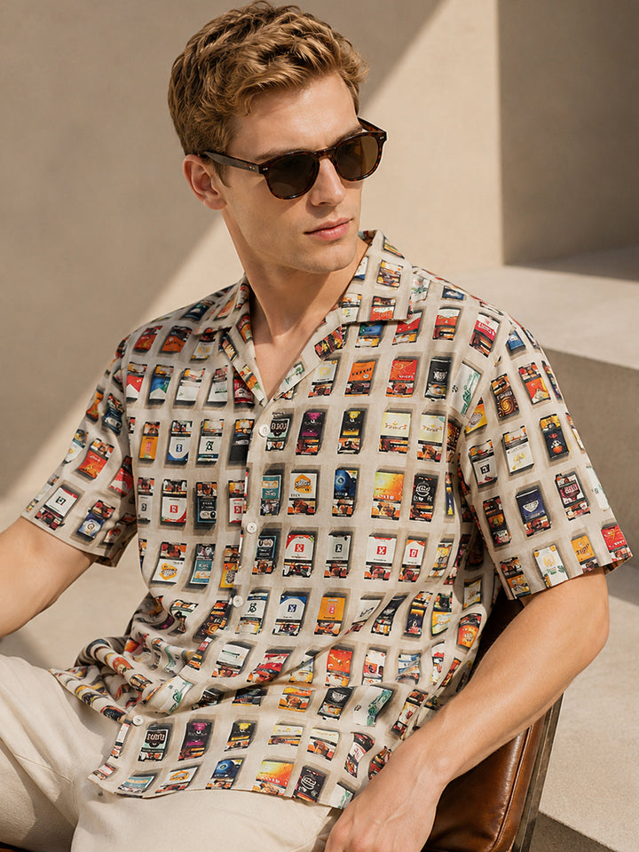 Men Beige & Multi Conversational Printed Viscose Rayon Cuban Collar Relaxed Fit Resort Shirt