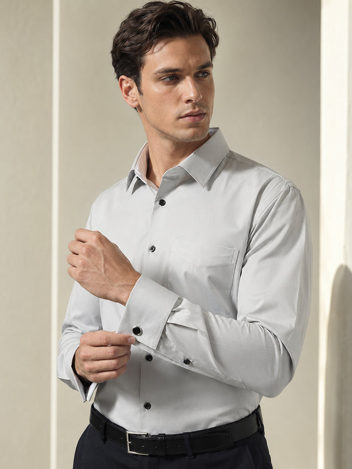 Men Grey Solid French Cuff Pure Cotton Satin Slim Fit Formal Shirt