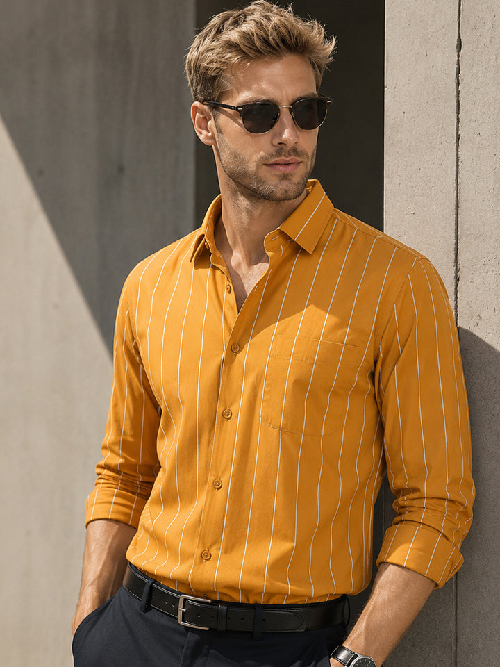 Men Mustard Stripes Pure Cotton Slim Fit Formal Shirt