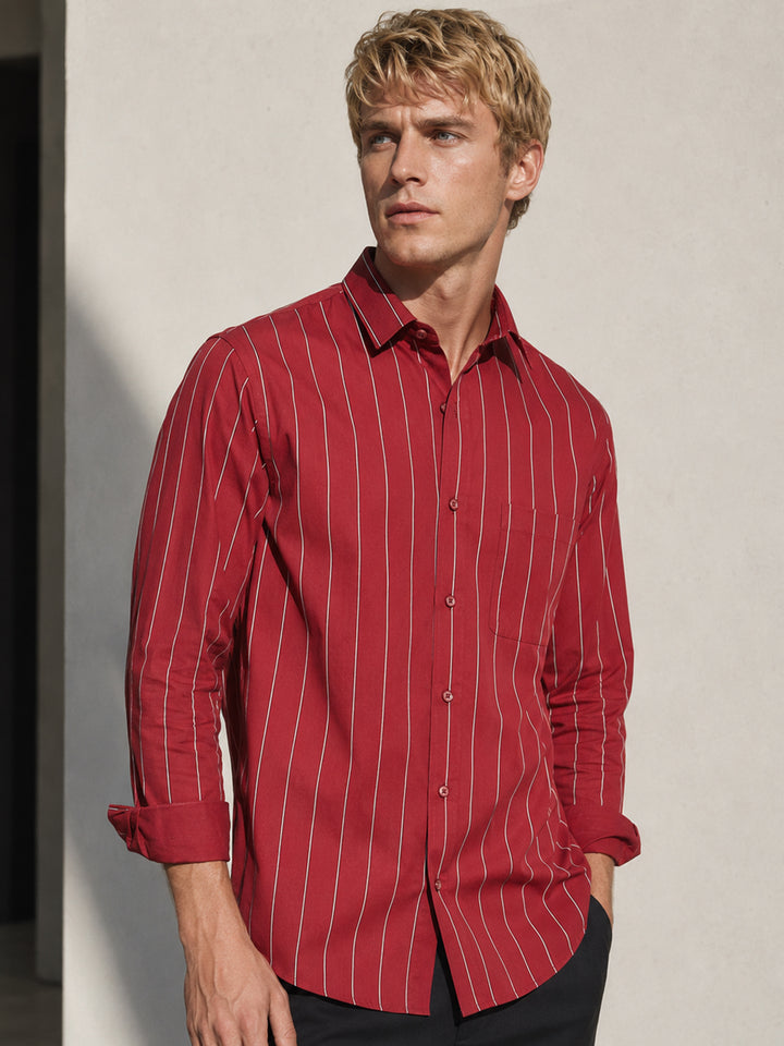 Men Maroon Striped Pure Cotton Slim Fit Casual Shirt