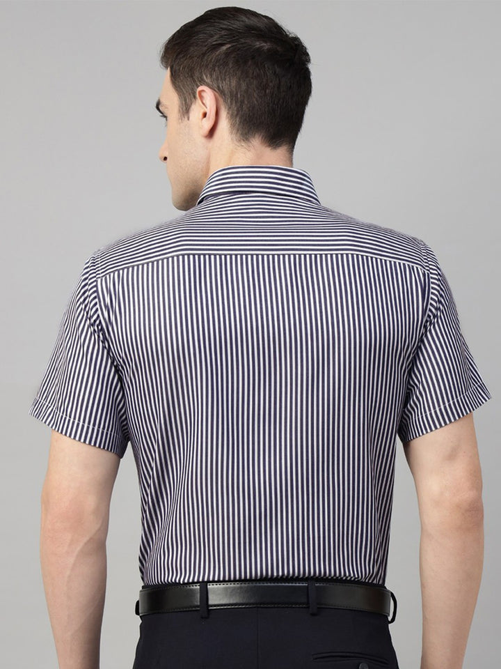 Men Navy & White Stripe Cotton Slim Fit Formal Shirt