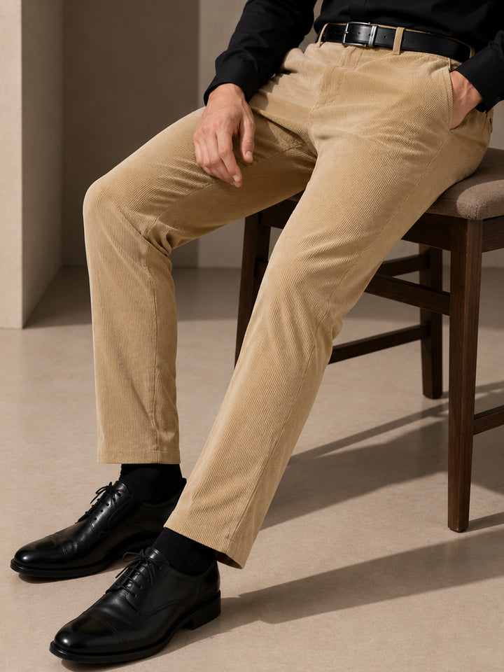 Men Khaki Solid Cotton cotton stretch corduroy Slim Fit Formal Trouser