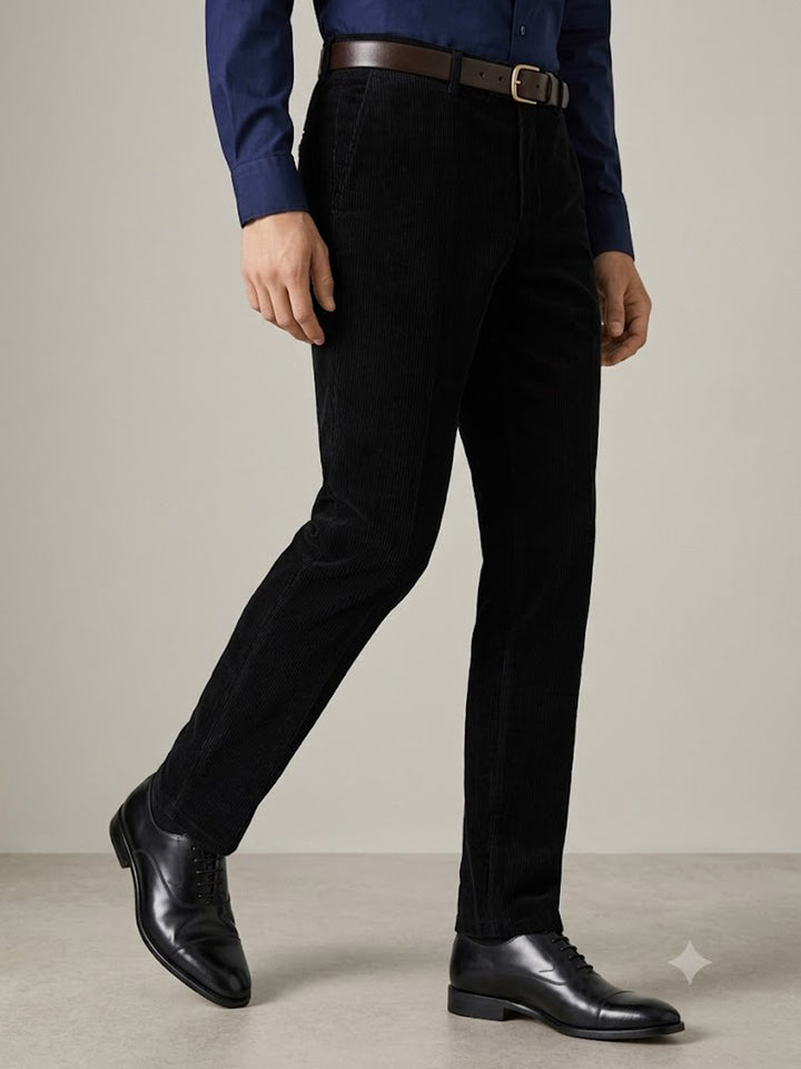Men Black Solid Cotton cotton stretch corduroy Coduroy Slim Fit Formal Trouser