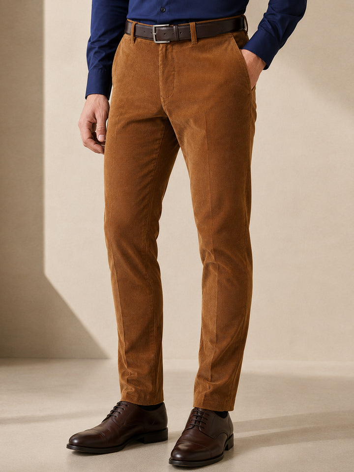 Men Cinnamon Brown Solid Cotton cotton stretch corduroy Coduroy Slim Fit Formal Trouser