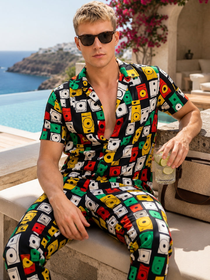 Men White & Multi Printed Viscose Rayon Regular Fit Casual Co &Ord Sets