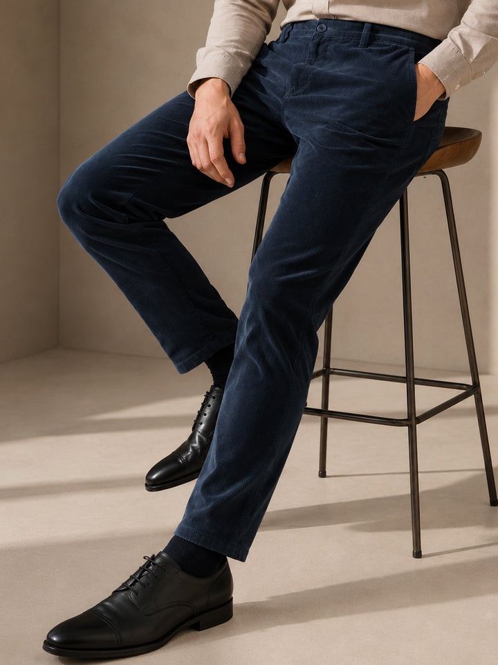 Men Turquoise Solid Corduroy Cotton Elastane Stretchable Slim Fit Formal Trouser