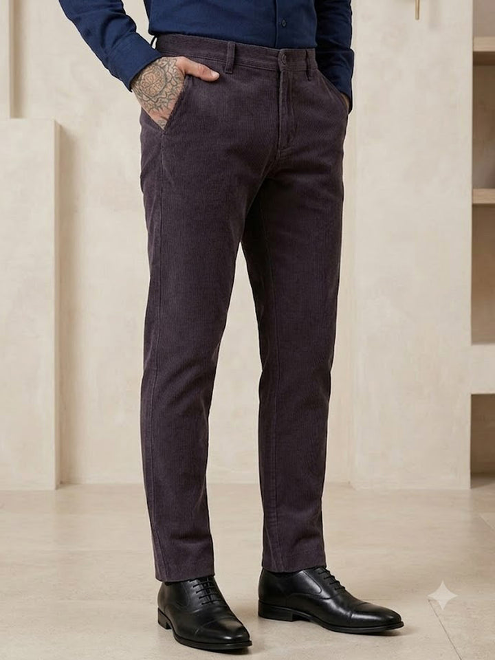 Men Grey Solid Corduroy Cotton Elastane Stretchable Slim Fit Formal Trouser