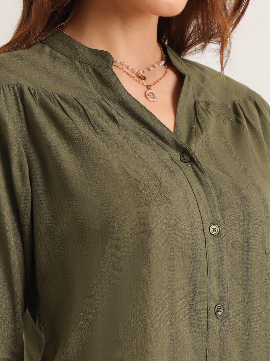 Hancock   Women   Olive   Solid Self Design   Pure Cotton   Regular Fit   Formal   Shirt