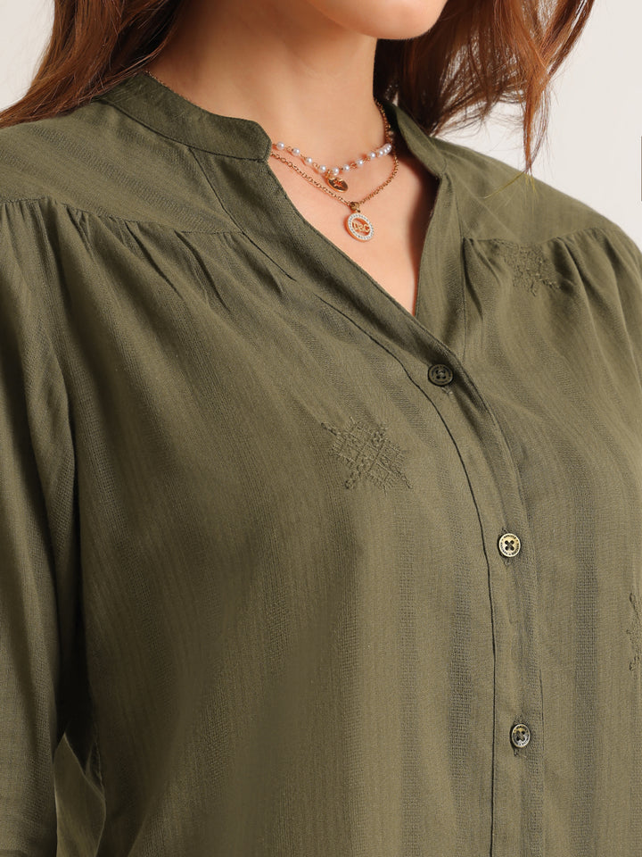 Hancock   Women   Olive   Solid Self Design   Pure Cotton   Regular Fit   Formal   Shirt