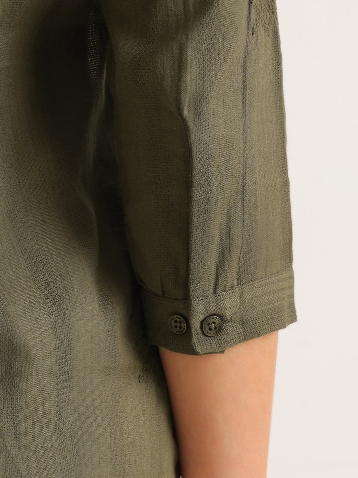 Hancock   Women   Olive   Solid Self Design   Pure Cotton   Regular Fit   Formal   Shirt
