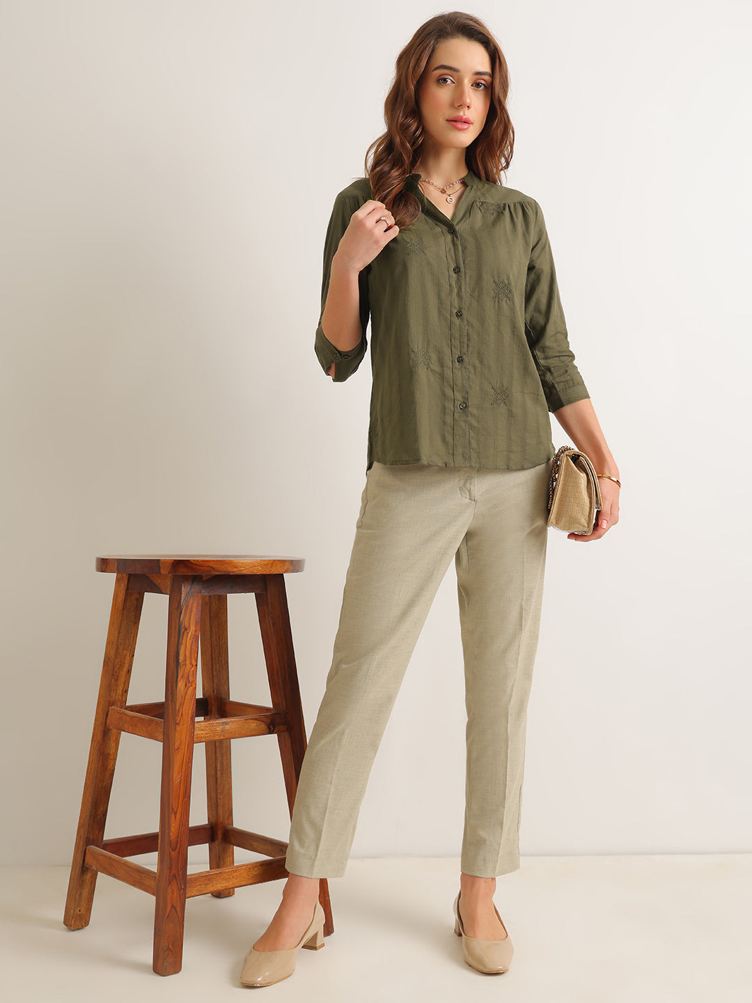 Hancock   Women   Olive   Solid Self Design   Pure Cotton   Regular Fit   Formal   Shirt