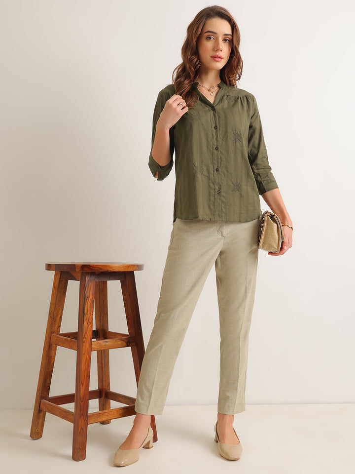 Hancock   Women   Olive   Solid Self Design   Pure Cotton   Regular Fit   Formal   Shirt